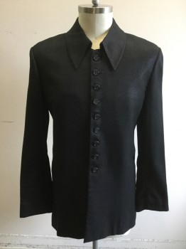 LORDS, Black, Synthetic, Solid, Speckled, Silver Speckled, Button Front, Oversized Rounded Pointy Collar Attached,  Waist Seam