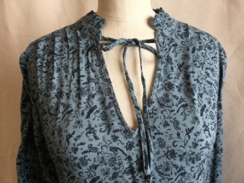 HINGE, Teal Green, Black, Rayon, Paisley/Swirls, Animals, Collar Attached with Self Ruffle Trim, V-neck, with Thin Self Tie, Long Sleeves, Uneven Hem