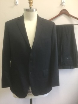 HART SCHAFFNER &MARX, Black, Wool, Polyester, Solid, Single Breasted, Notched Lapel, 2 Buttons, 3 Pockets, Dark Gray Lining