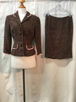 MAGGY LONDON, Brown, Rose Pink, Blush Pink, Red Burgundy, Acrylic, Tweed, Brown/ Rose/ Blush/ Burgundy Tweed, Rose Accordion Pleated Trim, Notched Lapel, Collar Attached, 5 Buttons, 2 Pockets,