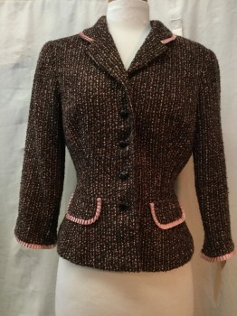 MAGGY LONDON, Brown, Rose Pink, Blush Pink, Red Burgundy, Acrylic, Tweed, Brown/ Rose/ Blush/ Burgundy Tweed, Rose Accordion Pleated Trim, Notched Lapel, Collar Attached, 5 Buttons, 2 Pockets,