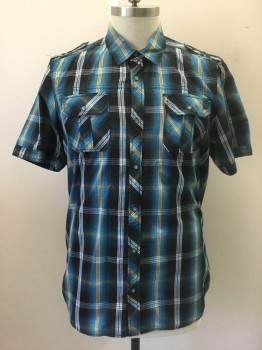 I JEANS BY BUFFALO, Blue, Black, White, Yellow, Cotton, Polyester, Plaid, Short Sleeve Button Front, Collar Attached, 2 Pockets with Button Flap Closures, Epaulettes at Shoulders