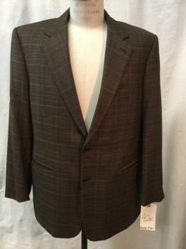 BROOKS BROTHERS, Lt Brown, Black, Dk Red, Wool, Plaid, Single Breasted, 2 Buttons, Notched Lapel, 3 Pocket,