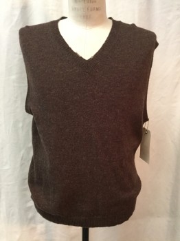 Mens, Sweater Vest, CLUB ROOM, Brown, Wool, Heathered, L, Pullover, V-neck,