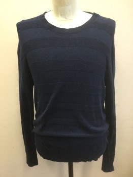 Mens, Pullover Sweater, BANANA REPUBLIC, Navy Blue, Cotton, Solid, Stripes - Horizontal , S, Self Horizontal Stripe Textured Knit, Long Sleeves, Crew Neck