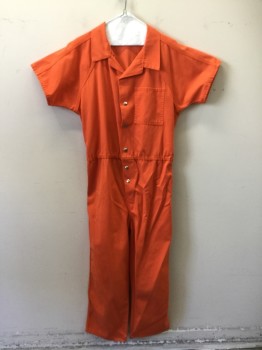 N/L, Orange, Cotton, Solid, Department of Corrections Graphic Back, Prison Jumpsuit, Snap Front, Collar Attached, Raglan Short Sleeves, 1 Pocket, Elastic Back Waistband