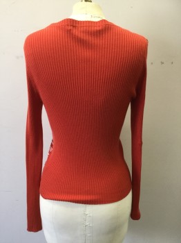 MARC JACOBS, Orange, White, Silk, Cashmere, Stripes, Stripe Front, Solid Orange Long Sleeves/Back/Neck/Waistband, Button Front, Ribbed Scoop Neck, Ribbed Sleeves/Waistband *** Pull in Right Sleeve and Left Hip***