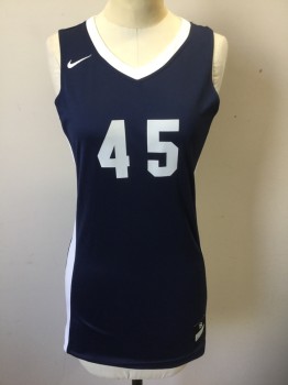 Unisex, Jersey, NIKE DRI FIT, Navy Blue, White, Polyester, Color Blocking, S, Navy with White V-neck, White Panels at Sides with Navy Stripes, Sleeveless, "45" at Front and Back