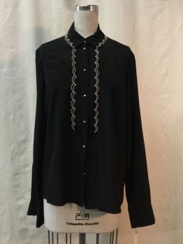 Womens, Blouse, ORLA KIELY, Black, Cream, Silk, Solid, XS, Black, Cream Embroiderred Scallopped Collar Attached, & Center Front Button Placket, Long Sleeves,