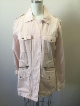 Womens, Casual Jacket, LILY ALDRIDGE VELVET, Lt Pink, Cotton, Solid, XS, Twill, Snap and Zip Front, Collar Attached, Epaulettes at Shoulders, 4 Pockets, Drawstring Waist, No Lining