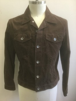 Mens, Casual Jacket, LANDS END, Brown, Cotton, Solid, L, Corduroy, Long Sleeves, Button Front, Collar Attached, 2 Pockets with Button Flap Closures, No Lining