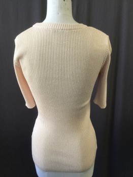 VERONIQUE, Tan Brown, Gold, Viscose, Polyester, Solid, Rib Knit, 1/4 Sleeves, Crew Neck, Gold Metallic Micro Weave