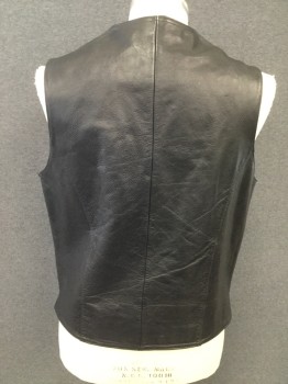 Mens, Leather Vest, WILSON'S LEATHER, Black, Leather, Solid, M, V-neck, 2 Pockets, Silver Snap Front