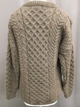 ORVIS, Brown, Wool, Diamonds, Cable Knit, Heathered Brown, Diamond Brocade, Cable, Basket Weave Pattern, Crew Neck, FC052768