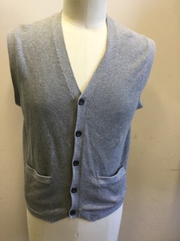 Mens, Sweater Vest, N/L, Lt Gray, Cotton, Solid, L, Button Front, 2 Pockets