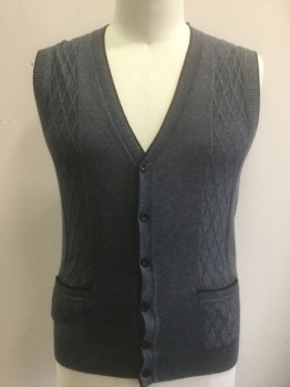 Mens, Sweater Vest, ZICAC, Gray, Acrylic, Polyester, Diamonds, Solid, XL, Knit, Vertical Inset Panels with Diamond Texture, Black 1/4" Edging, Button Front, V-neck, 2 Patch Pockets