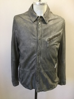 Mens, Leather Jacket, GIMO'S, Gray, Leather, Solid, 42, Shirt Style Jacket, Snap Front, Collar Attached, Long Sleeves, Snap Cuff, 3 Zipper Pockets