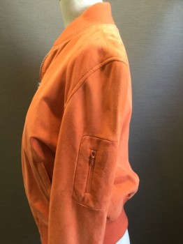 Womens, Leather Jacket, LTH JKT, Orange, Suede, Solid, B36, Small, Zip Front, Invisible Zipper Pocket on Left Sleeve, Rib Knit Collar/Cuffs/Waistband