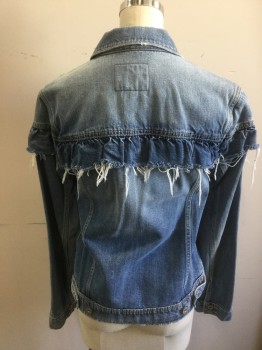 Womens, Jean Jacket, PAIGE, Lt Blue, Cotton, Lyocell, Solid, XS, Button Front, Raw Edge Ruffle at Yoke, Adjustable Side Tabs,