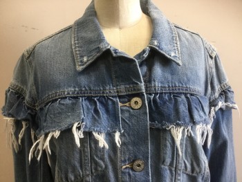 Womens, Jean Jacket, PAIGE, Lt Blue, Cotton, Lyocell, Solid, XS, Button Front, Raw Edge Ruffle at Yoke, Adjustable Side Tabs,