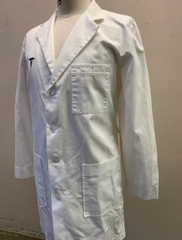 MR BARCO, White, Poly/Cotton, Solid, 4 Button Front, Notched Lapel, Navy Medical Symbol Embroidered at Chest, 3 Pockets (Top Pocket Has Several Compartments), Belted Back Waist