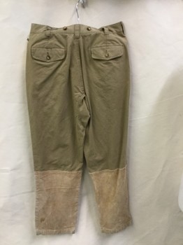 ORVIS, Khaki Brown, Camel Brown, Poly/Cotton, Leather, Color Blocking, Khaki, Camel Front Legs & Bottom 1/2 Back, 2" Waistband with Belt Hoops & Tortoise Shells Buttons, Flat Front, Zip Front,