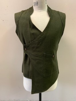 N/L, Dk Olive Grn, Cotton, Solid, Unusual Wrapped Front with Brass Snap Closure, V-neck, Stand Collar, 1 Slanted Patch Pocket at Front, Padded Arm Openings at Shoulders, Asymmetric Front Hem, Mustard Lining
