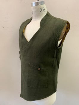 Mens, Vest, N/L, Dk Olive Grn, Cotton, Solid, M, Unusual Wrapped Front with Brass Snap Closure, V-neck, Stand Collar, 1 Slanted Patch Pocket at Front, Padded Arm Openings at Shoulders, Asymmetric Front Hem, Mustard Lining