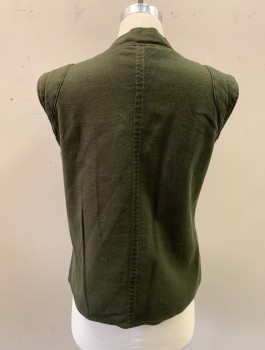 Mens, Vest, N/L, Dk Olive Grn, Cotton, Solid, M, Unusual Wrapped Front with Brass Snap Closure, V-neck, Stand Collar, 1 Slanted Patch Pocket at Front, Padded Arm Openings at Shoulders, Asymmetric Front Hem, Mustard Lining