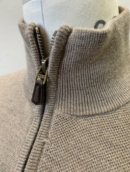 Mens, Pullover Sweater, POLO RALPH LAUREN, Taupe, Wool, Silk, Solid, M, Bumpy Knit, Long Sleeves, Stand Collar, 1/2 Zipper at Neck