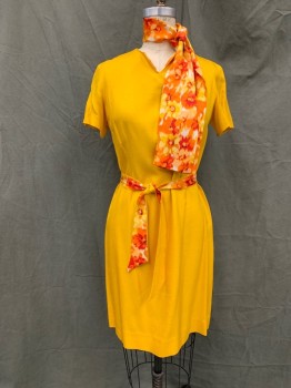 N/L, Orange, Silk, Solid, Dress, Slit V-neck with Orange/Red/Yellow Floral Lining Showing, Short Sleeves, Knee Length, Zip Back, Matching Belt (one Side Orange, Opposite Side with Floral Lining), Floral Neckerchief/Headscarf,