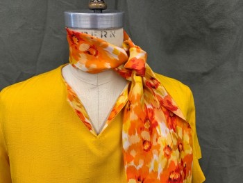 N/L, Orange, Silk, Solid, Dress, Slit V-neck with Orange/Red/Yellow Floral Lining Showing, Short Sleeves, Knee Length, Zip Back, Matching Belt (one Side Orange, Opposite Side with Floral Lining), Floral Neckerchief/Headscarf,
