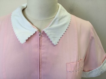 WHITE SWAN, Pink, White, Polyester, Cotton, Solid, Wavy Ribbon Trim White Collar Attached & Short Sleeves Cuff, Zip Front, 3 Pockets
