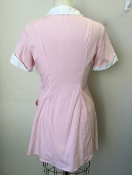 WHITE SWAN, Pink, White, Polyester, Cotton, Solid, Wavy Ribbon Trim White Collar Attached & Short Sleeves Cuff, Zip Front, 3 Pockets