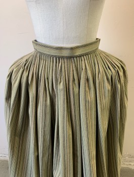 N/L MTO, Olive Green, Beige, Brown, Lt Brown, Cotton, Stripes - Vertical , Busy Striped Pattern, 1" Wide Self Waistband, Cartridge Pleated at Waist, Floor Length, Made To Order Reproduction (Pictured with Bum Roll, Not Included)