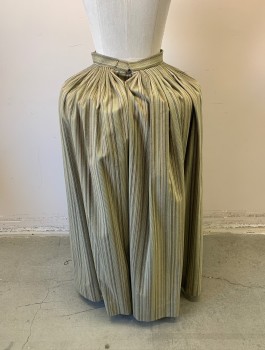 Womens, Historical Fiction Skirt, N/L MTO, Olive Green, Beige, Brown, Lt Brown, Cotton, Stripes - Vertical , W:24, Busy Striped Pattern, 1" Wide Self Waistband, Cartridge Pleated at Waist, Floor Length, Made To Order Reproduction (Pictured with Bum Roll, Not Included)
