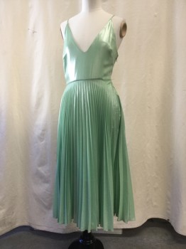 Womens, Cocktail Dress, TOP SHOP, Lt Green, Polyester, Solid, 2, Lt Green Lamé, Pleated Skirt , Spagetti Straps, V Front.