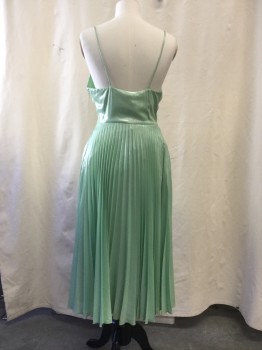 Womens, Cocktail Dress, TOP SHOP, Lt Green, Polyester, Solid, 2, Lt Green Lamé, Pleated Skirt , Spagetti Straps, V Front.