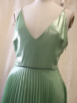 TOP SHOP, Lt Green, Polyester, Solid, Lt Green Lamé, Pleated Skirt , Spagetti Straps, V Front.