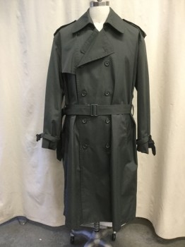 Mens, Coat, Trenchcoat, MOORE'S, Dk Olive Grn, Cotton, Nylon, Solid, 46, Double Breasted, Collar Attached, Epaulets, 2 Pockets, Belted Cuff, Self Buckle Belt, Vented Back Yoke, Shoulder Flap Panel, Missing Detachable Lining
