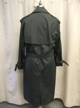 Mens, Coat, Trenchcoat, MOORE'S, Dk Olive Grn, Cotton, Nylon, Solid, 46, Double Breasted, Collar Attached, Epaulets, 2 Pockets, Belted Cuff, Self Buckle Belt, Vented Back Yoke, Shoulder Flap Panel, Missing Detachable Lining