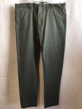 J.CREW, Olive Green, Cotton, Elastane, Solid, 1.5" Waistband with Belt Hoops, Flat Front, Zip Front, 5 Pockets