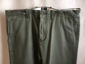 J.CREW, Olive Green, Cotton, Elastane, Solid, 1.5" Waistband with Belt Hoops, Flat Front, Zip Front, 5 Pockets