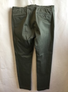 Mens, Casual Pants, J.CREW, Olive Green, Cotton, Elastane, Solid, 31.5, 34, 1.5" Waistband with Belt Hoops, Flat Front, Zip Front, 5 Pockets