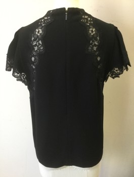 REBECCA TAYLOR, Black, Acetate, Polyester, Solid, Crepe, Short Puffy Cap Sleeves Pleated at Shoulders, Lace Trim at Sleeves/Under Arms, with Sheer Panel at Front, Round Neck, Invisible Zipper at Center Back