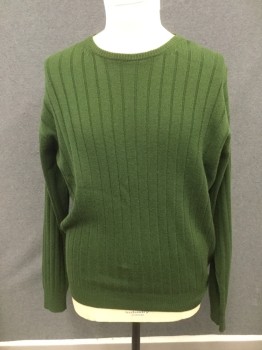 Mens, Pullover Sweater, LORO PIANA, Dk Green, Cashmere, Solid, 2XL, Ribbed Knit, Long Sleeves, Smaller Ribbed Knit Crew Neck/Waistband/Cuff