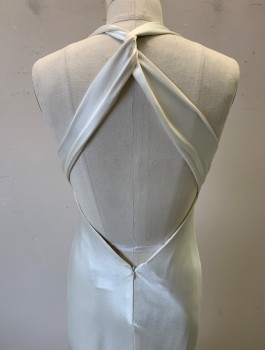 Womens, Evening Gown, A.B.S ESSENTIALS, White, Acetate, Polyester, Solid, Size 6, Satin, Halter Dress, Empire Waist, Crossed Straps at Back Shoulders, Low Plunging Back, Bias Cut, Floor Length with Iridescent Ruffled Chiffon Poufs at Hem, Could Be Wedding Dress