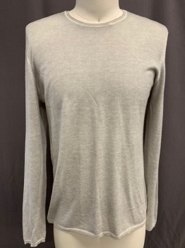 Mens, Pullover Sweater, JOHN VARVATOS, Lt Gray, White, Silk, Cashmere, Heathered, M, Crew Neck, Long Sleeves, Ribbed Trim, Ribbed Armhole Detail