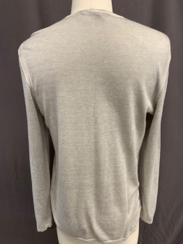 Mens, Pullover Sweater, JOHN VARVATOS, Lt Gray, White, Silk, Cashmere, Heathered, M, Crew Neck, Long Sleeves, Ribbed Trim, Ribbed Armhole Detail