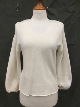 VELVET, Cream, Wool, Cashmere, Solid, Scoop Neck, Punctured Knit Stripes, Drop Sleeve, Rolled Hem, Ribbed Knit Cuff